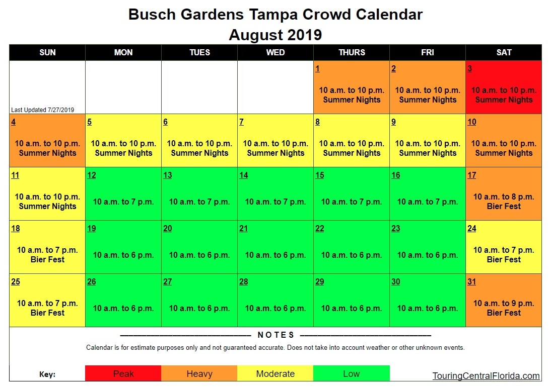Busch Gardens Tampa Crowd Calendar Touring Central Florida