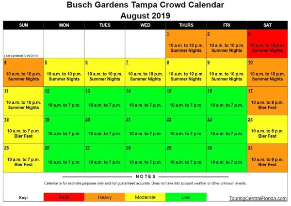 Busch Gardens Tampa Crowd Calendar August 2019 Update 1 Touring 