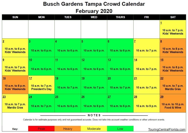 Busch Gardens Tampa - Crowd Calendar - February 2020 - Touring Central