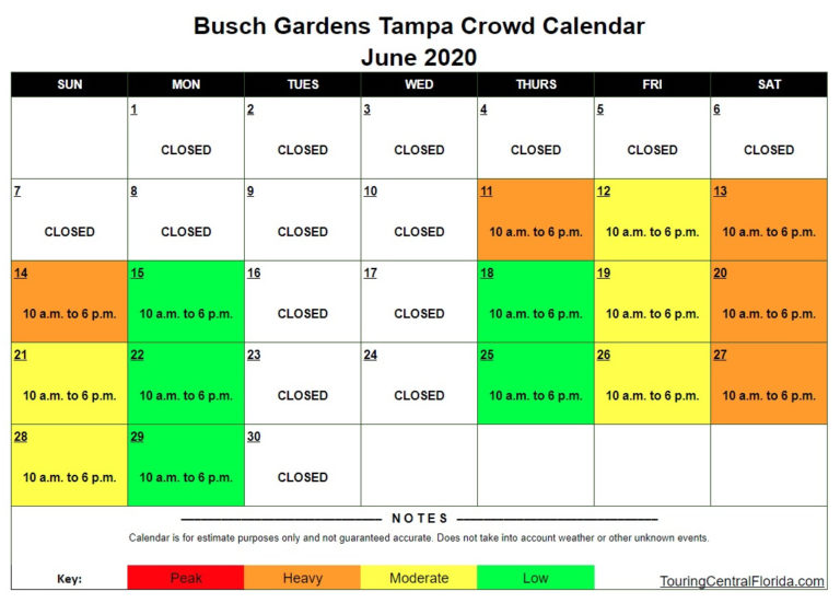 Busch Gardens Tampa - Crowd Calendar - June 2020 - Touring Central Florida