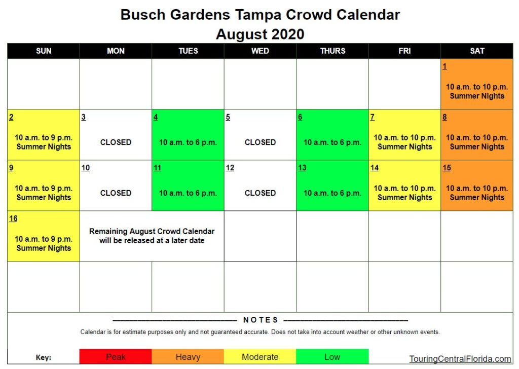 Busch Gardens Tampa August 2020 Crowd Calendar Touring Central Florida