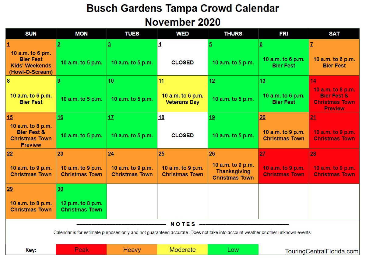 Busch Gardens Tampa - Crowd Calendar - November 2020 - 003 - Touring