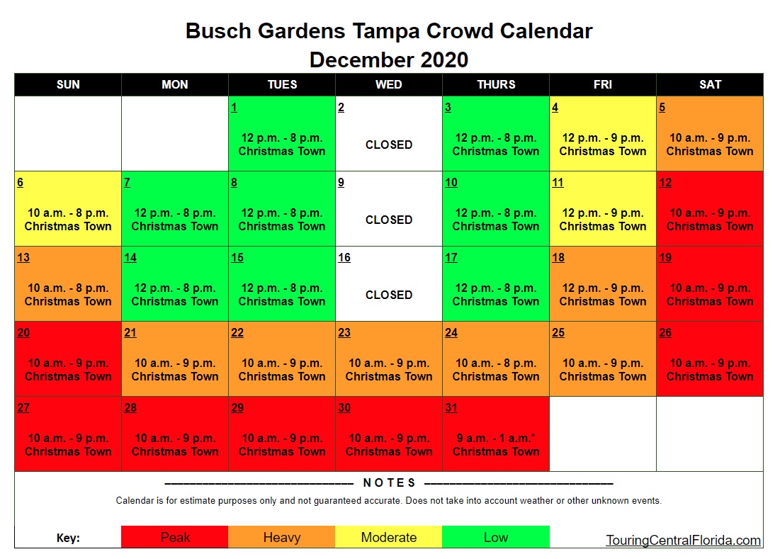 Busch Gardens Tampa December 2020 Crowd Calendar 001 Touring
