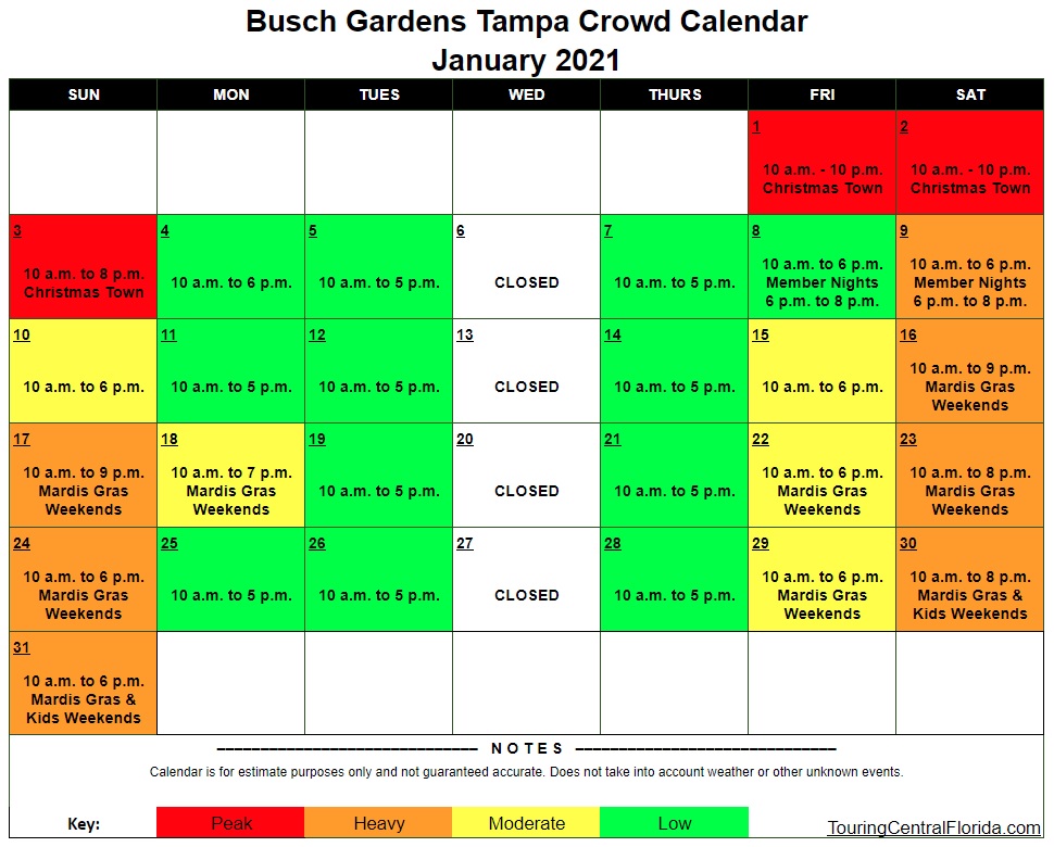 Busch Gardens Tampa - Crowd Calendar - January 2021 - 003 - Touring Central  Florida