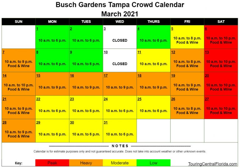 Busch Gardens Tampa Crowd Calendar March 2021 001 Touring