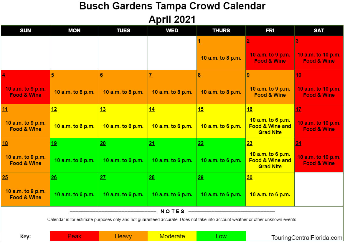 Busch Gardens Tampa Crowd Calendar April 2021 002 Touring