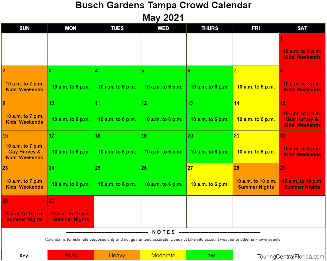 Busch Gardens Tampa Crowd Calendar May 2021 001 Touring Central