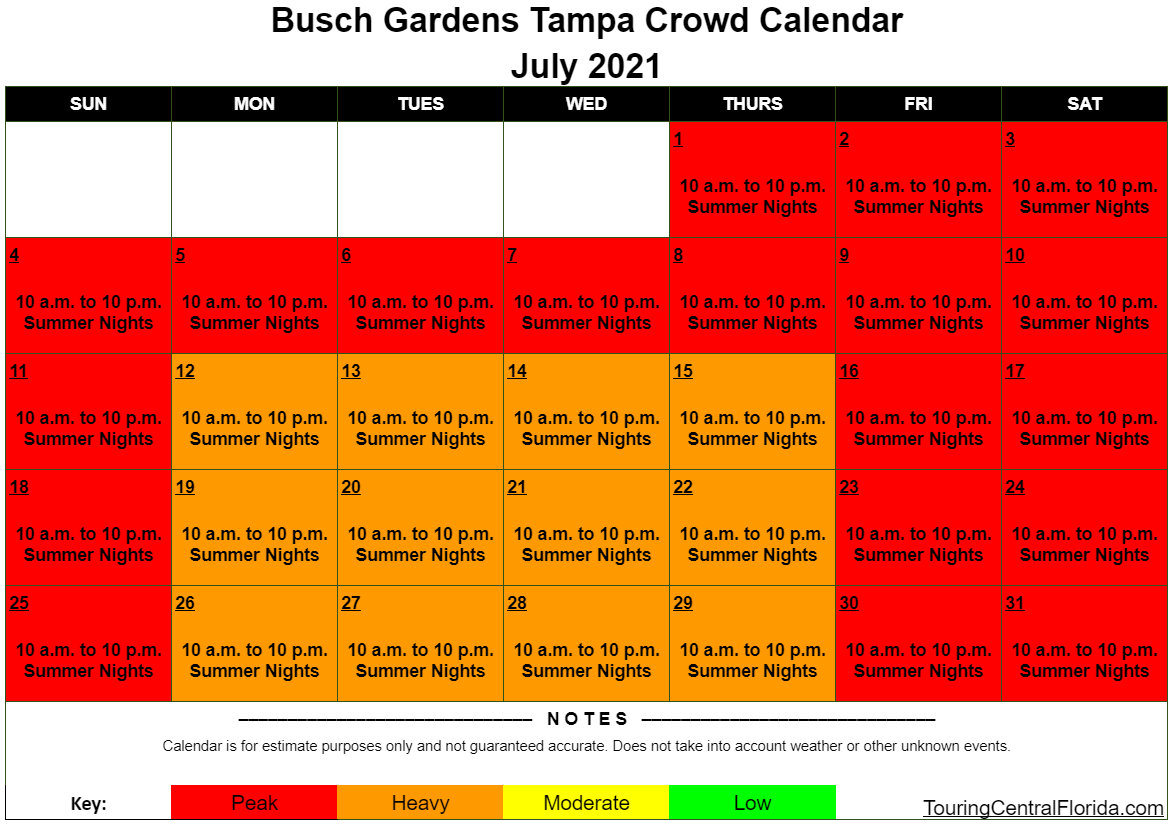 Busch Gardens Tampa Crowd Calendar July 2021 001 Touring