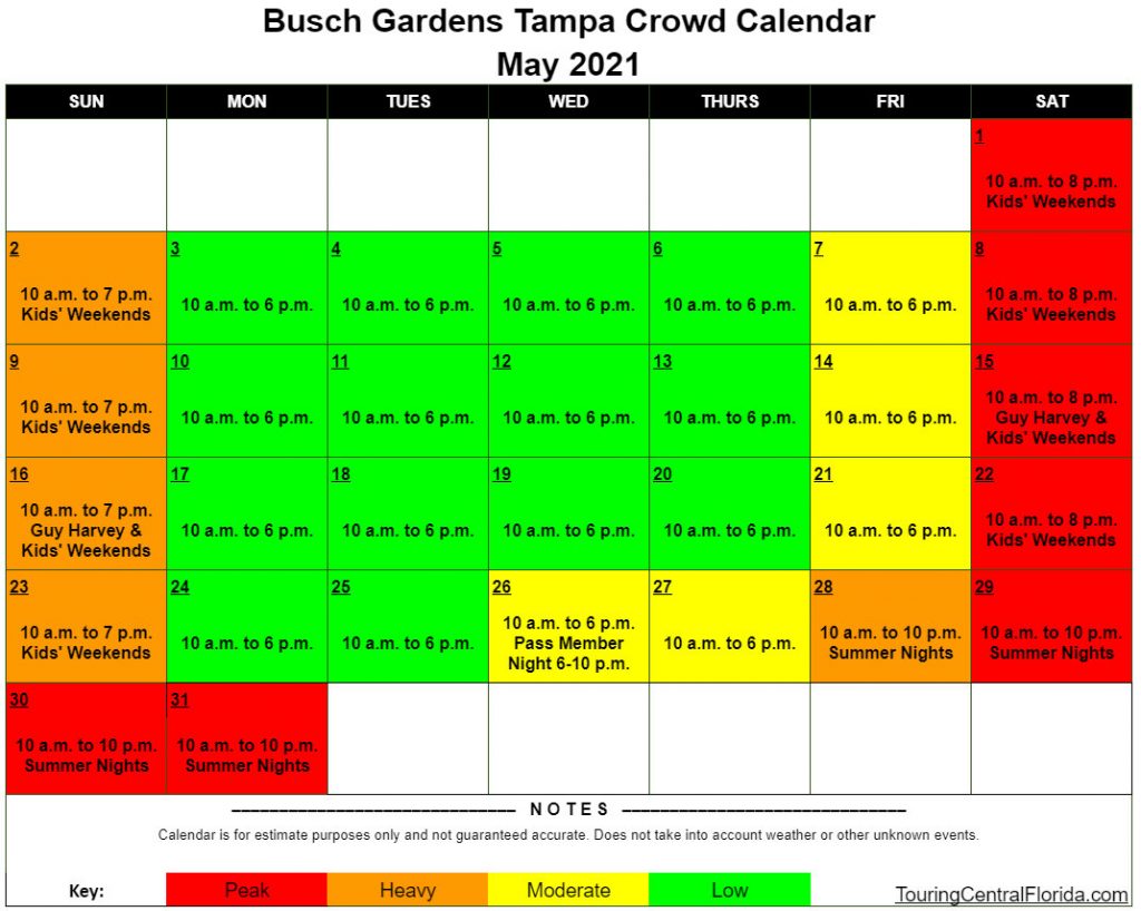 Busch Gardens Tampa Crowd Calendar May 2021 002 Touring Central