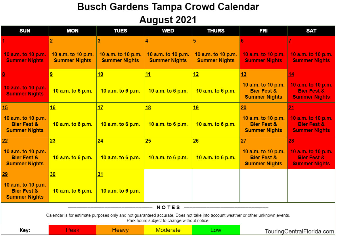 Busch Gardens Tampa Crowd Calendar August 2021 001 Touring