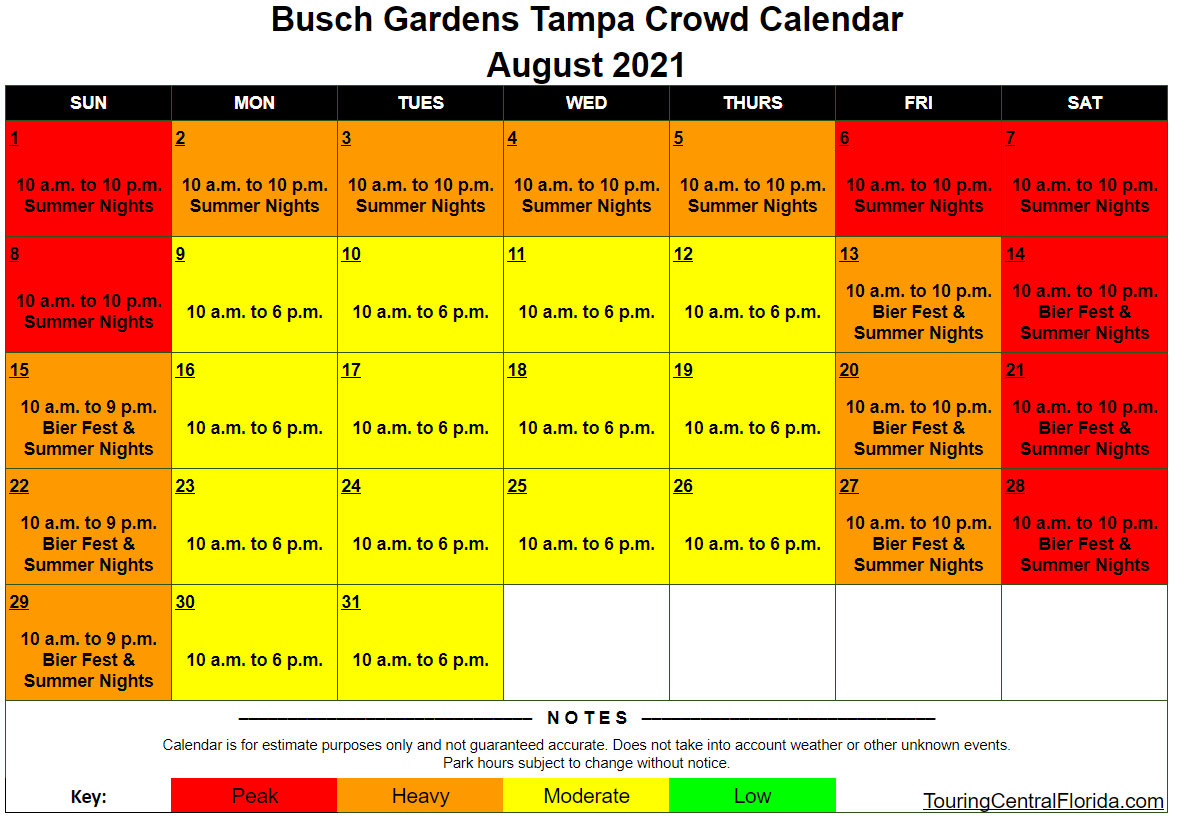 Busch Gardens Tampa Crowd Calendar August 2021 002 Touring