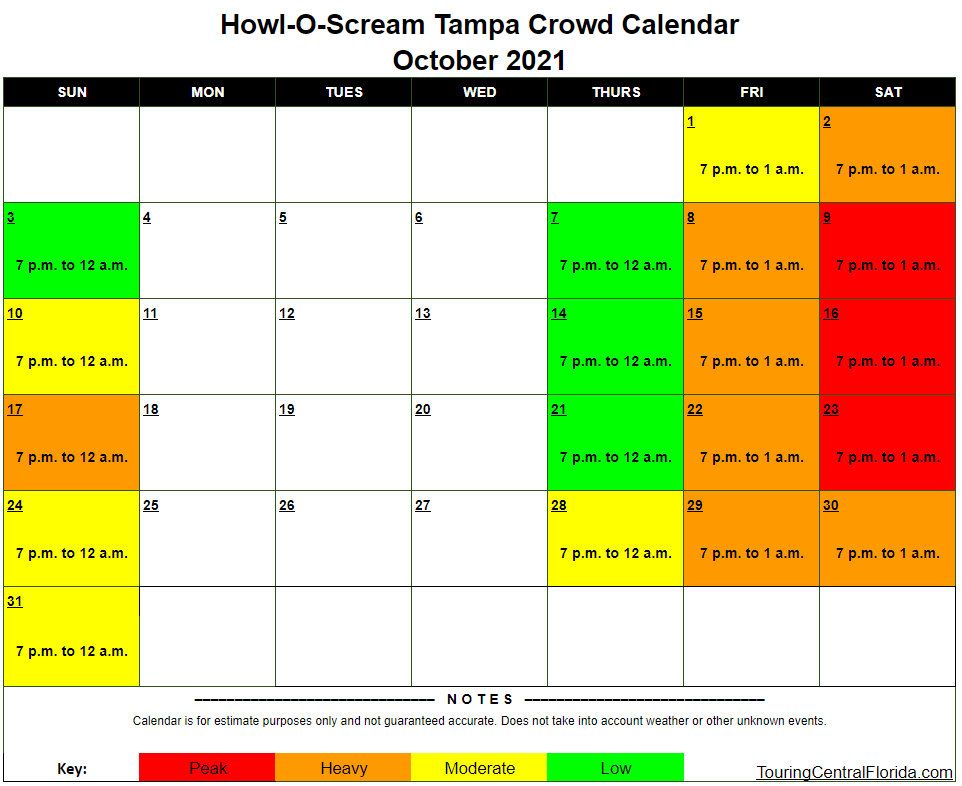 Busch Gardens Tampa Crowd Calendar HOS October 2021 001 Touring