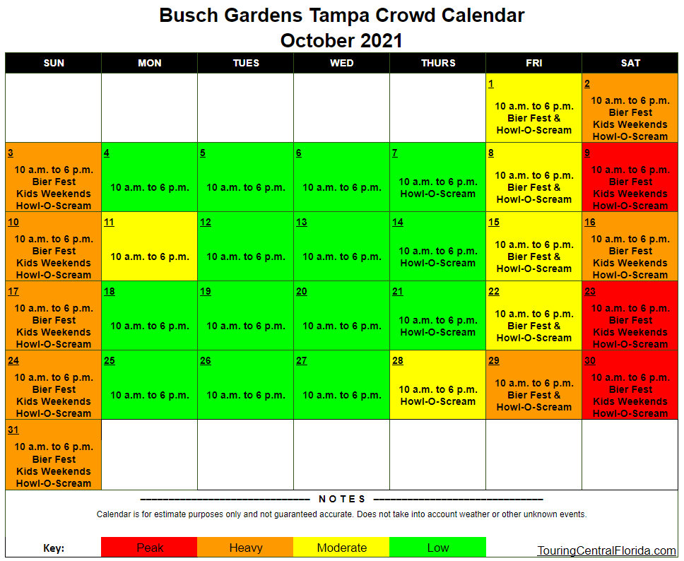 Busch Gardens Tampa Crowd Calendar October 2021 001 Touring