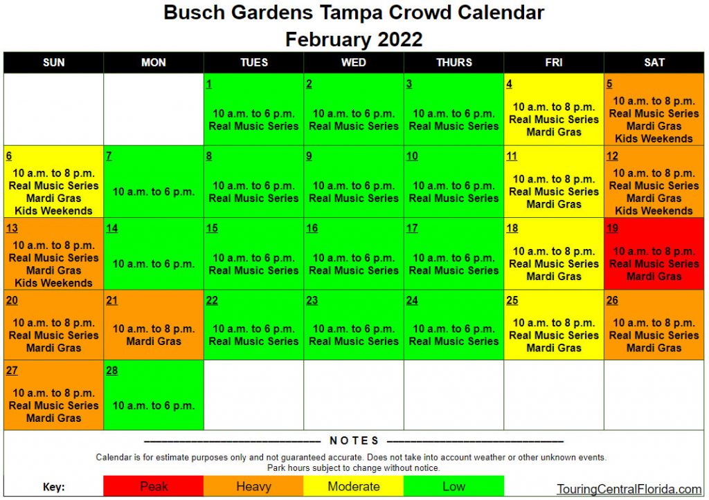 Busch Gardens Tampa - Crowd Calendar - February 2022 - 001 - Touring