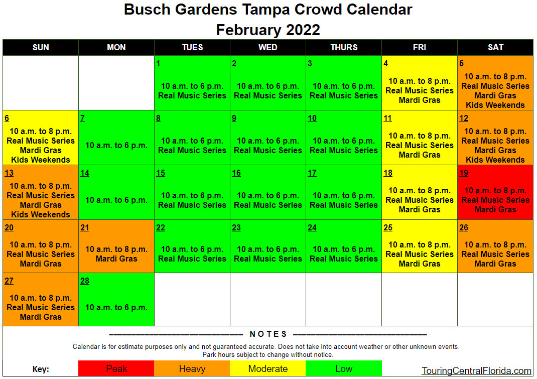 Busch Gardens Tampa Crowd Calendar February 2022 001 Touring 