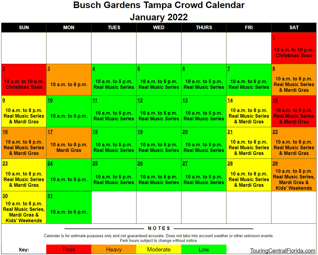Busch Gardens Tampa Crowd Calendar January 2022 001 Touring