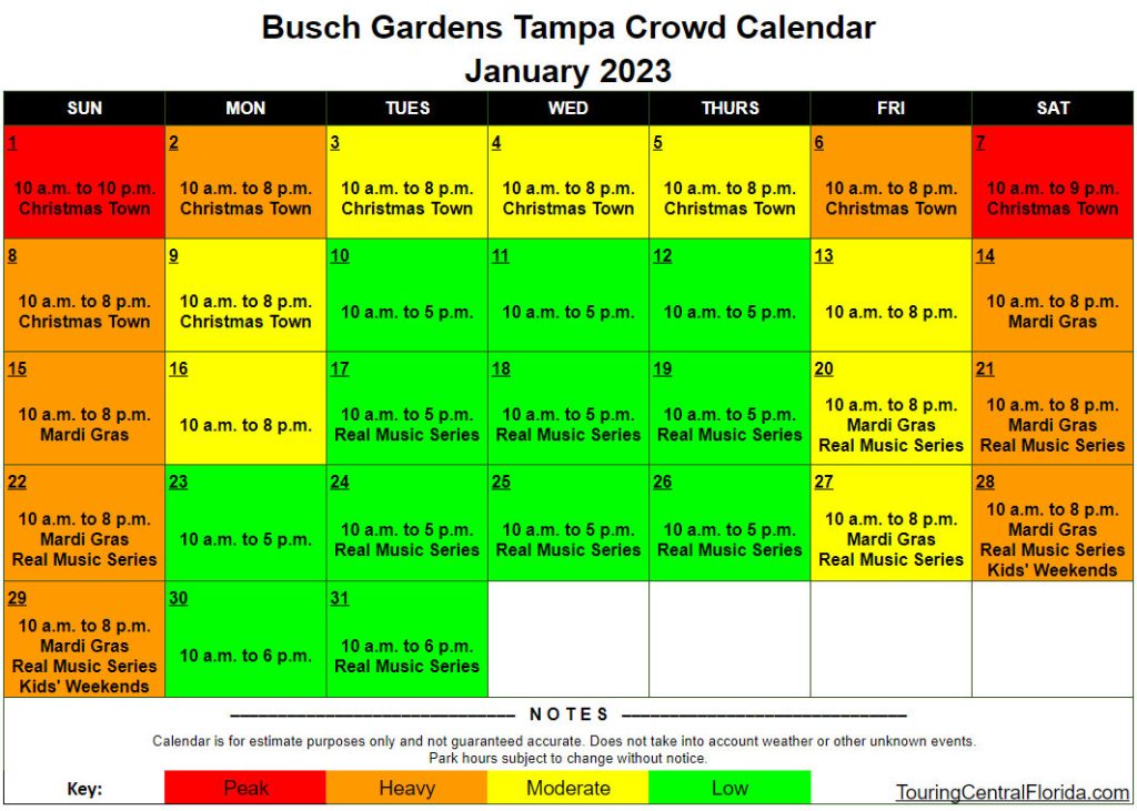 Busch Gardens Tampa Crowd Calendar January 2023 001 Touring