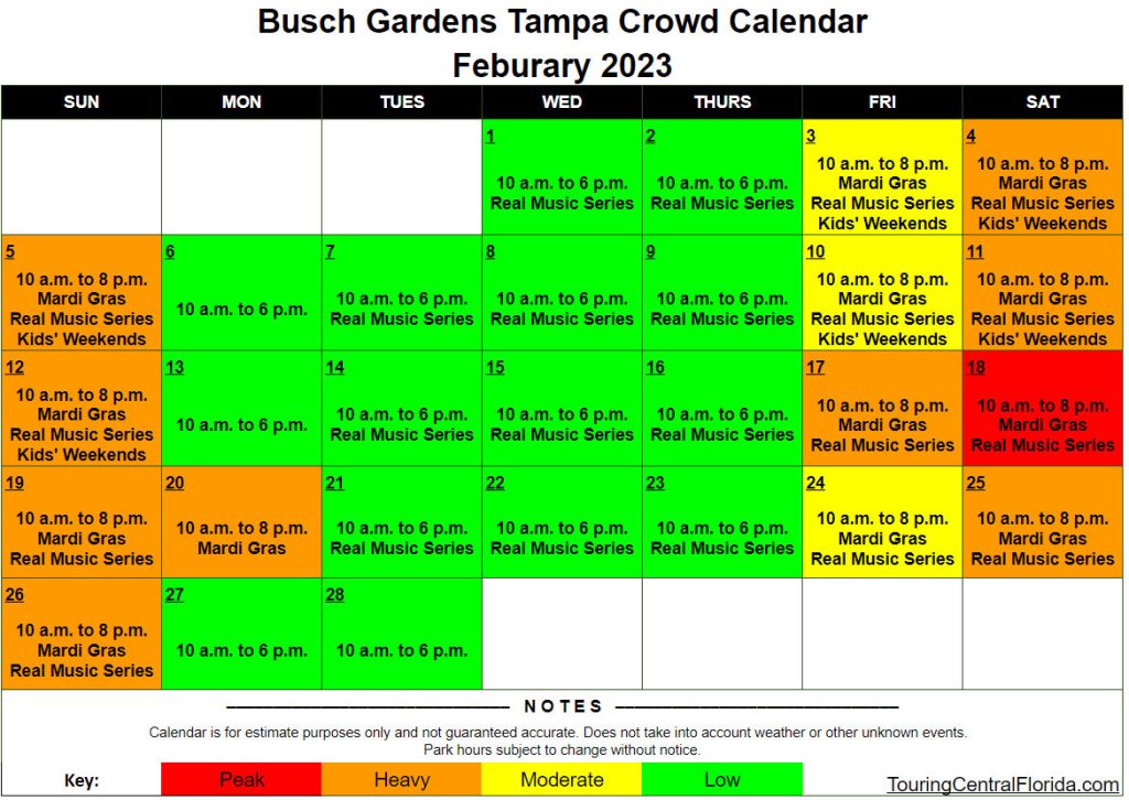 Busch Gardens Tampa Crowd Calendar February 2023 001 Touring