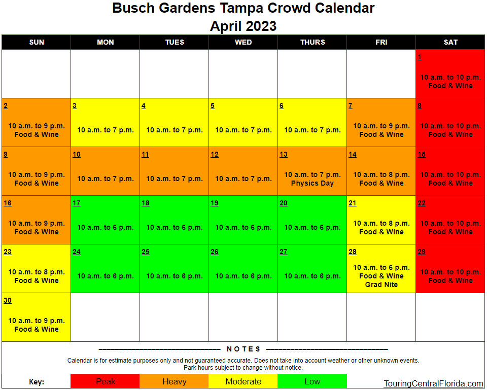 Busch Gardens Tampa Crowd Calendar April 2023 001 Touring 