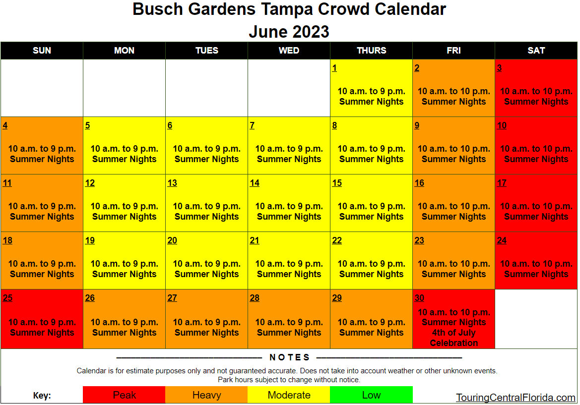 Busch Gardens Tampa Crowd Calendar June 2023 001 Touring