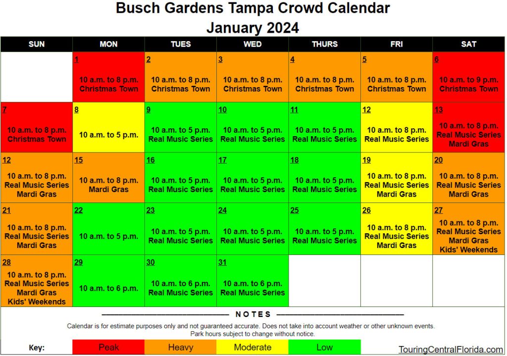 Busch Gardens Tampa Crowd Calendar January 2024 001 Touring