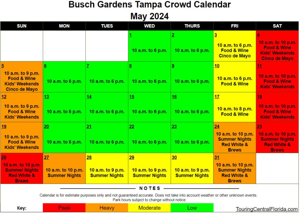 Busch Gardens Tampa Crowd Calendar May 2024 001 Touring Central