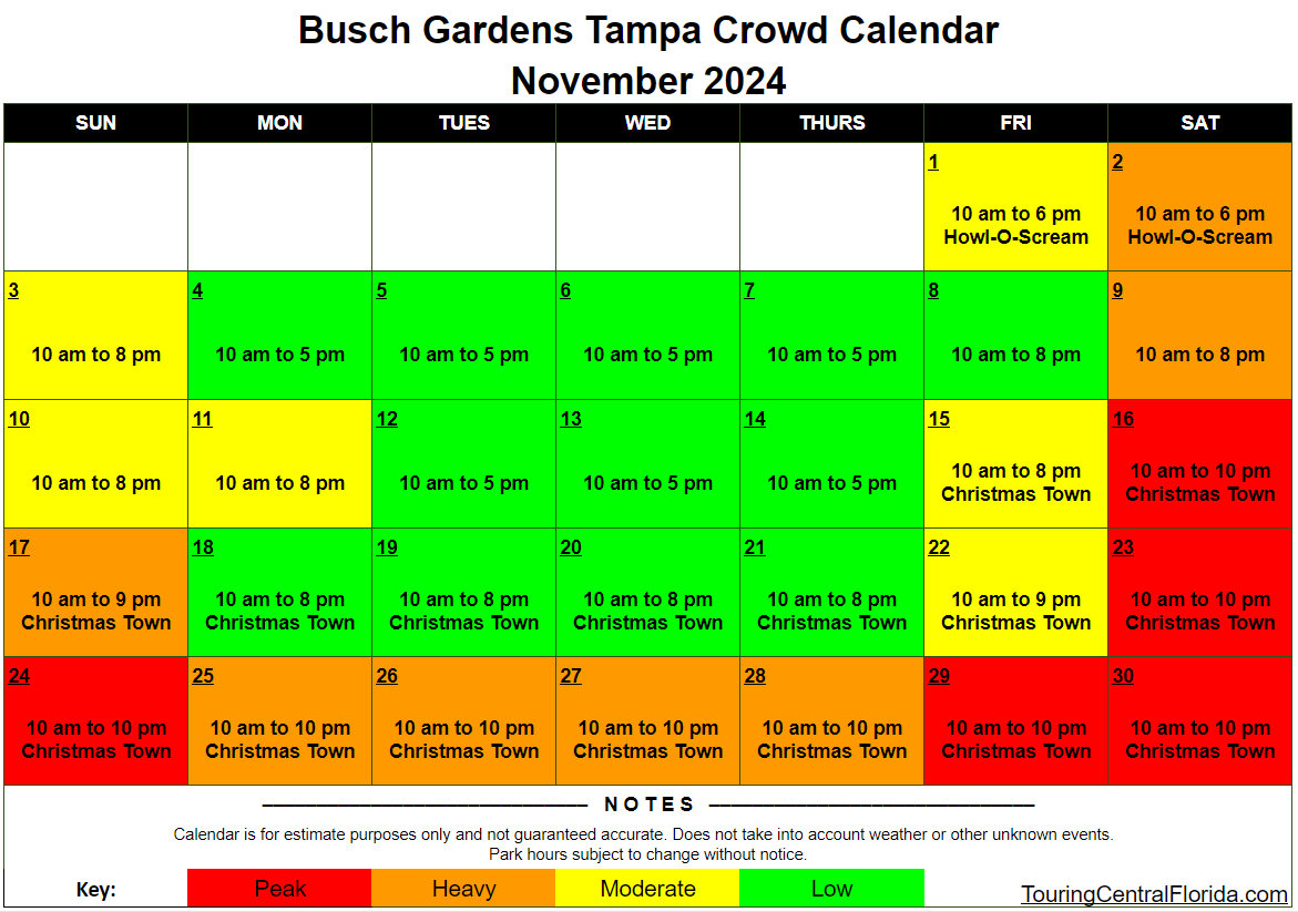 Busch Gardens Tampa Crowd Calendar November 2024 001 Touring